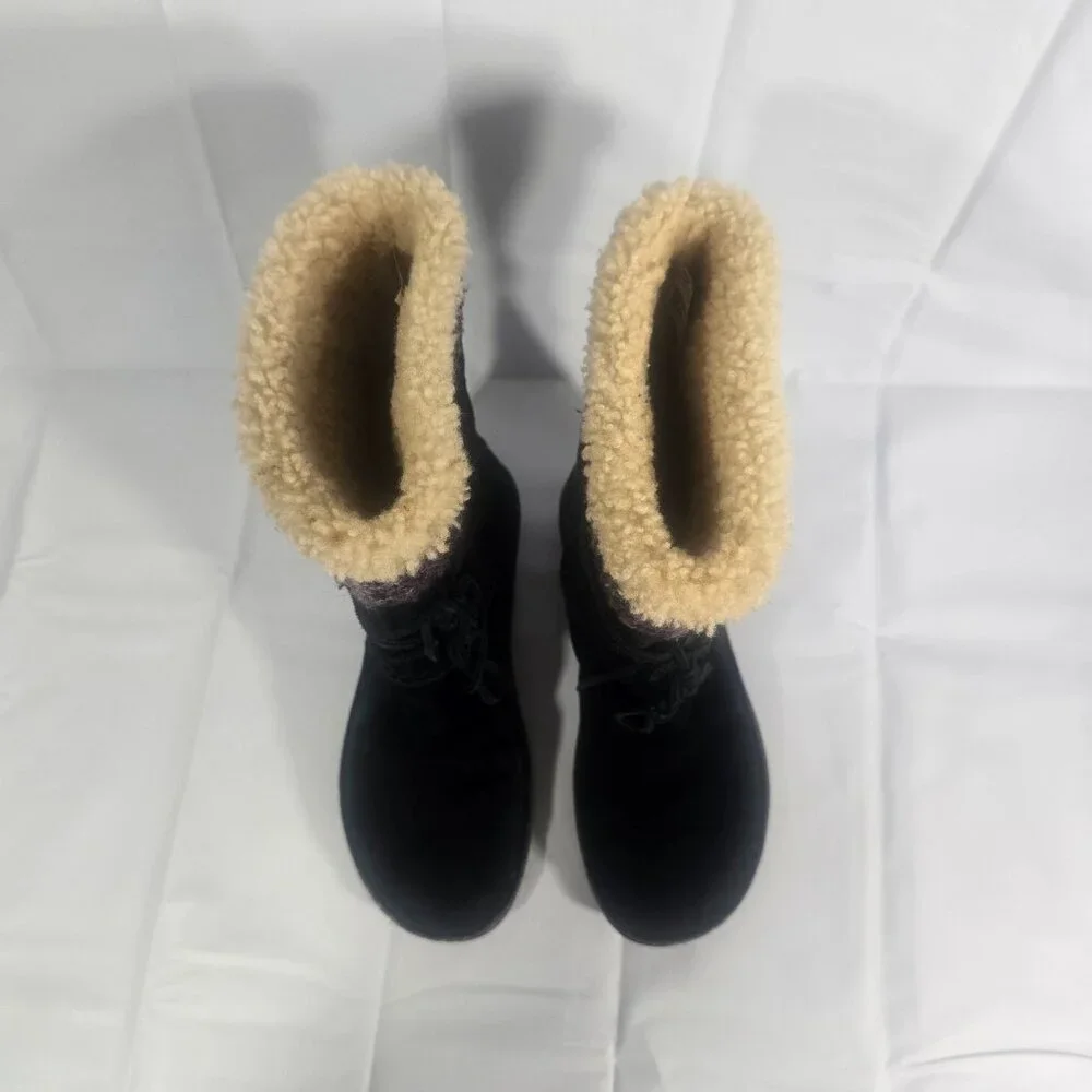 UGG Australia Shearling Winter Boots Women Size 9 Black Suede Lace-Up Mid-Calf